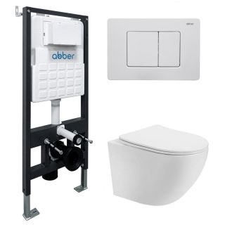 Комплект ABBER AC1100-AC0105-AC0120MW подвесной унитаз Bequem AC1100 белый с инсталляцией AC0105 и кнопкой AC0120MW белая матовая