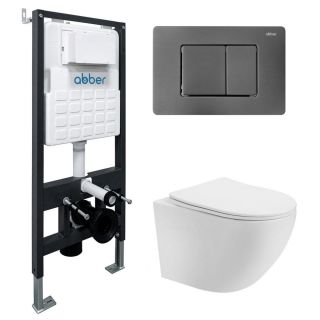 Комплект ABBER AC1100-AC0105-AC0120NG подвесной унитаз Bequem AC1100 белый с инсталляцией AC0105 и кнопкой AC0120NG оружейная сталь