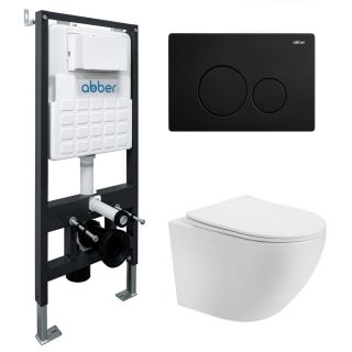 Комплект ABBER AC1100-AC0105-AC0121MB подвесной унитаз Bequem AC1100 белый с инсталляцией AC0105 и кнопкой AC0121MB черная матовая