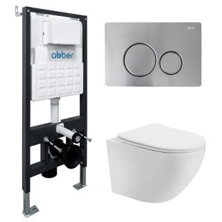 Комплект ABBER AC1100-AC0105-AC0121MCH подвесной унитаз Bequem AC1100 белый с инсталляцией AC0105 и кнопкой AC0121MCH матовый хром