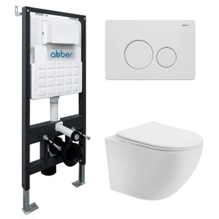 Комплект ABBER AC1100-AC0105-AC0121MW подвесной унитаз Bequem AC1100 белый с инсталляцией AC0105 и кнопкой AC0121MW белая матовая