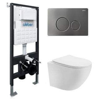 Комплект ABBER AC1100-AC0105-AC0121NG подвесной унитаз Bequem AC1100 белый с инсталляцией AC0105 и кнопкой AC0121NG оружейная сталь