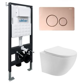 Комплект ABBER AC1100-AC0105-AC0121RG подвесной унитаз Bequem AC1100 белый с инсталляцией AC0105 и кнопкой AC0121RG золото розовое