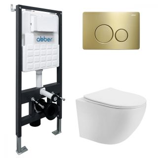 Комплект ABBER AC1100T-AC0105-AC0121MMG подвесной унитаз ABBER Bequem AC1100T белый с инсталляцией AC0105 и кнопкой AC0121MMG золото матовое