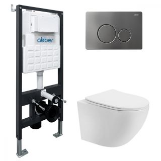 Комплект ABBER AC1100T-AC0105-AC0121NG подвесной унитаз Bequem AC1100T белый с инсталляцией AC0105 и кнопкой AC0121NG оружейная сталь