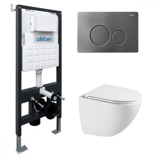 Комплект ABBER AC1131TC-AC0105-AC0121NG подвесной унитаз Bequem AC1131TC белый, с закрытым дном с инсталляцией AC0105 и кнопкой AC0121NG оружейная сталь