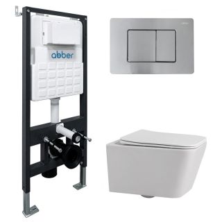 Комплект подвесной унитаз ABBER Rechteck AC1201 белый с инсталляцией AC0105 и кнопкой AC0120MCH матовый хром