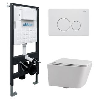Комплект подвесной унитаз ABBER Rechteck AC1201 белый с инсталляцией AC0105 и кнопкой AC0121MW белая матовая