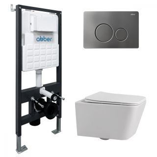 Комплект ABBER AC1201-AC0105-AC0121NG подвесной унитаз Rechteck AC1201 белый с инсталляцией AC0105 и кнопкой AC0121NG оружейная сталь