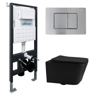 Комплект подвесной унитаз ABBER Rechteck AC1201MB черный матовый с инсталляцией AC0105 и кнопкой AC0120MCH матовый хром