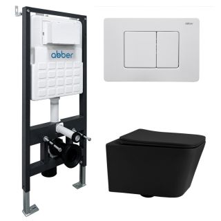Комплект подвесной унитаз ABBER Rechteck AC1201MB черный матовый с инсталляцией AC0105 и кнопкой AC0120MW белая матовая