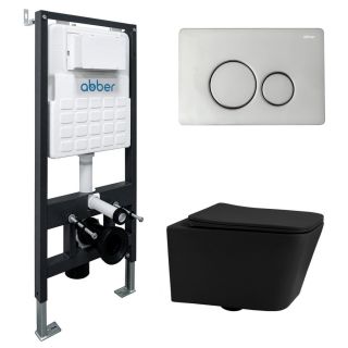 Комплект подвесной унитаз ABBER Rechteck AC1201MB черный матовый с инсталляцией AC0105 и кнопкой AC0121 хром