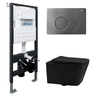 Комплект ABBER AC1201MB-AC0105-AC0121NG подвесной унитаз Rechteck AC1201MB черный матовый с инсталляцией AC0105 и кнопкой AC0121NG оружейная сталь