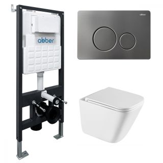 Комплект ABBER AC1219TC-AC0105-AC0121NG подвесной унитаз Rechteck AC1219TC белый, с закрытым дном с инсталляцией AC0105 и кнопкой AC0121NG оружейная сталь