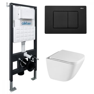 Комплект ABBER AC1220TC-AC0105-AC0120MB подвесной унитаз Rechteck AC1220TC белый, с закрытым дном с инсталляцией AC0105 и кнопкой AC0120MB черный матовый