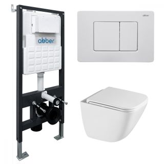 Комплект подвесной унитаз ABBER Rechteck AC1220TC белый, с закрытым дном с инсталляцией AC0105 и кнопкой AC0120MW белая матовая