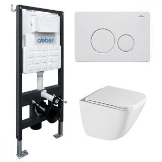 Комплект подвесной унитаз ABBER Rechteck AC1220TC белый, с закрытым дном с инсталляцией AC0105 и кнопкой AC0121MW белая матовая