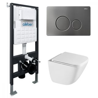 Комплект ABBER AC1220TC-AC0105-AC0121NG подвесной унитаз Rechteck AC1220TC белый, с закрытым дном с инсталляцией AC0105 и кнопкой AC0121NG оружейная сталь