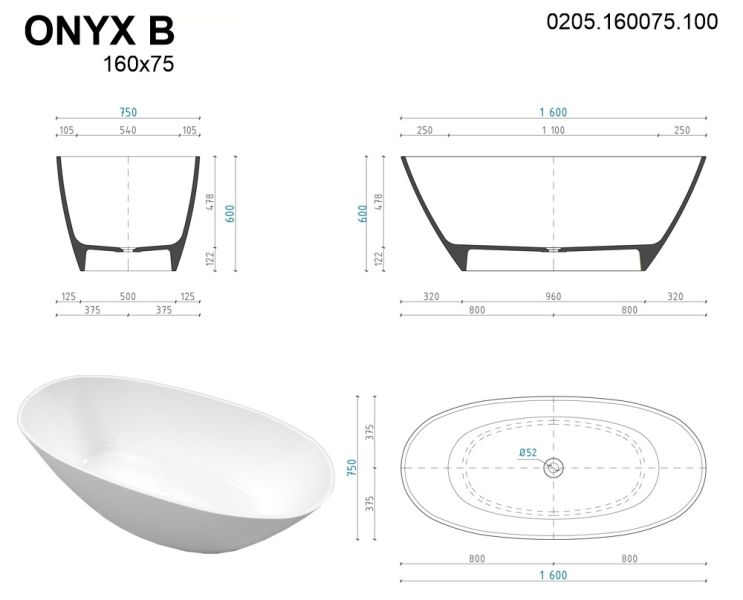 Ванна из искусственного камня Whitecross Onyx B 0205.160075.100 160x75см белый глянец