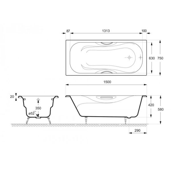Ванна чугунная Delice Malibu DLR230607R-AS 150x75 с отверстиями под ручки и антискользящим покрытием