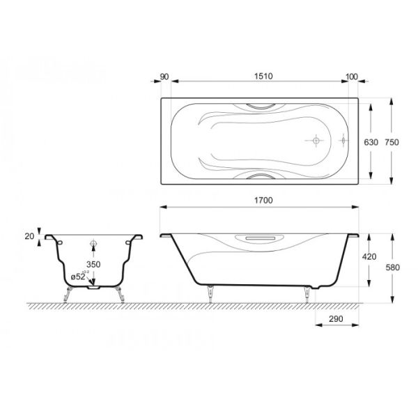 Ванна чугунная Delice Malibu DLR230609-AS 170x75 с антискользящим покрытием