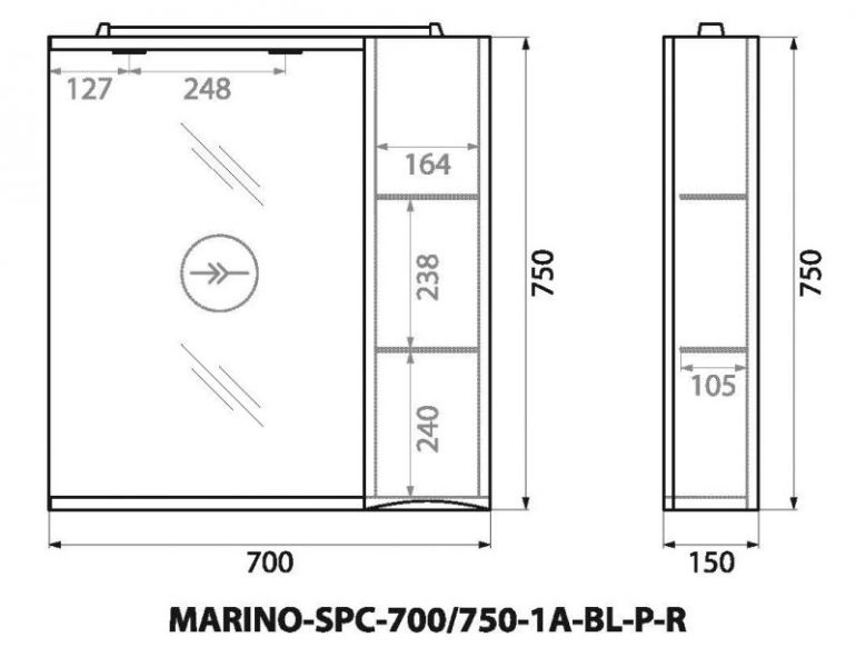 Зеркальный шкаф BelBagno с подсветкой правосторонний 70x75см Bianco Lucido MARINO-SPC-700/750-1A-BL-P-R Зеркальный шкаф BelBagno с подсветкой правосторонний 70x75см Bianco Lucido MARINO-SPC-700/750-1A-BL-P-R