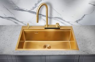 Мойка для кухни Milacio Denia 75 Steel MC.77428 в комплекте со смесителем и коландером брашированное золото