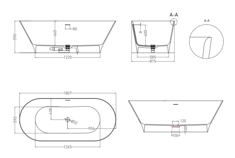 Ванна из искусственного камня Salini Mona S-Sense 102911GRF 180x80см RAL полностью