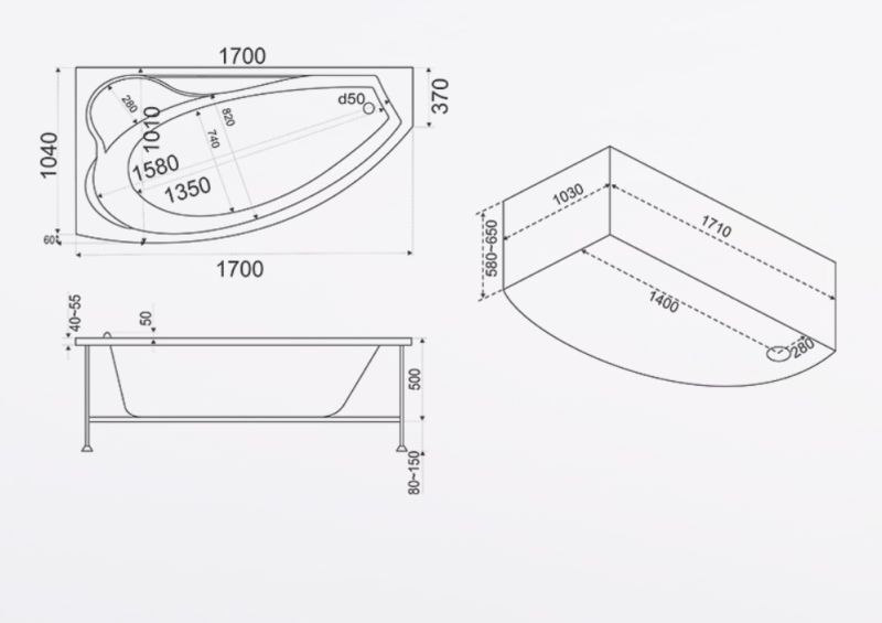 Акриловая ванна Bas Николь 170x100 см левая без гидромассажа