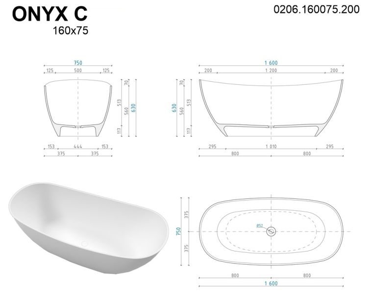 Ванна из искусственного камня Whitecross Onyx C 0206.160075.200 160x75см белый матовый