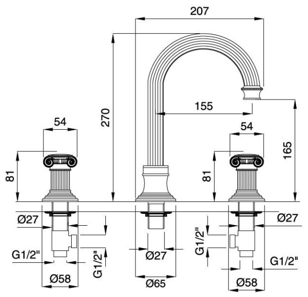 Смеситель для раковины на 3 отверстия Cezares OLIMP-BLS2-A-02-Sw