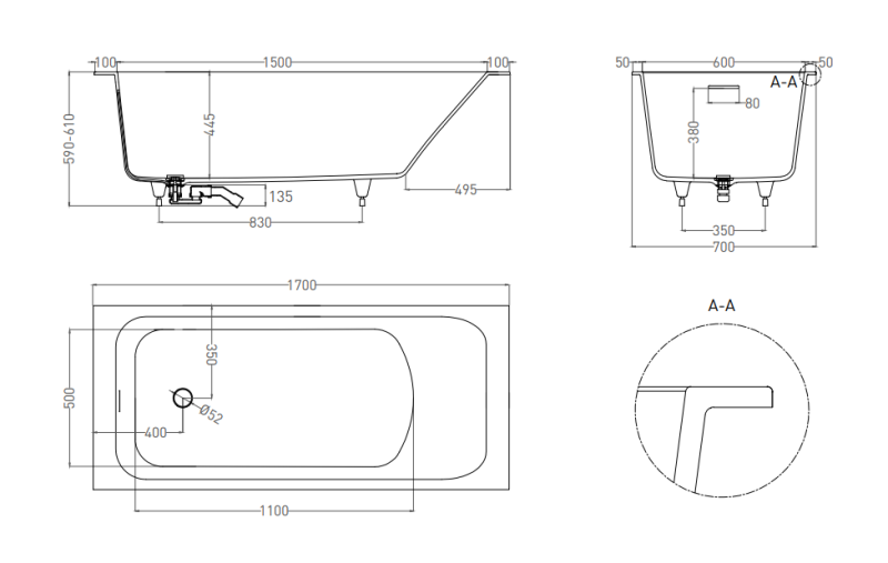 Ванна из искусственного камня Salini Orlanda Kit S-Sense 102111GRF 170x70см RAL полностью