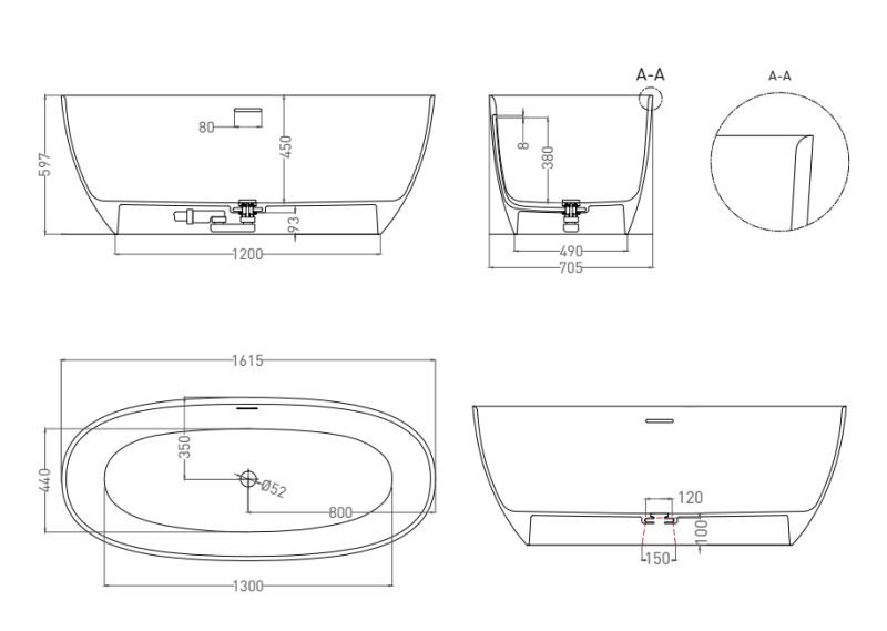 Ванна из искусственного камня Salini Alda S-Sense 101914GRF 160x70см RAL полностью
