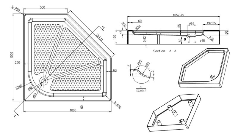 Душевой поддон Azario MONTREAL P310 R/L 1000х1000х150