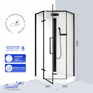 Душевая кабина Ceruttispa АМИ (AMI) P 90x90 см профиль чёрный стекло прозрачное с узором