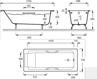 Чугунная ванна Jacob Delafon PARALLEL E2948-00 с отверстиями для ручек 170x70