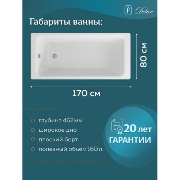 Ванна чугунная Delice Parallel DLR220502RB 170х80 с черными матовыми ручками