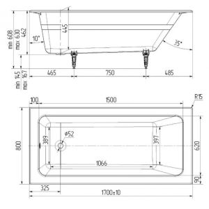 Ванна чугунная Delice Parallel DLR220502RB-AS 170х80 с черными матовыми ручками