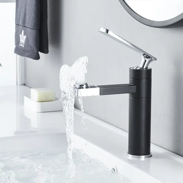 Смеситель для раковины Shevanik S6601H с поворотным носиком чёрный/хром