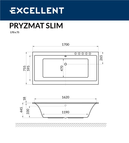 Ванна акриловая EXCELLENT Pryzmat Slim 160x75
