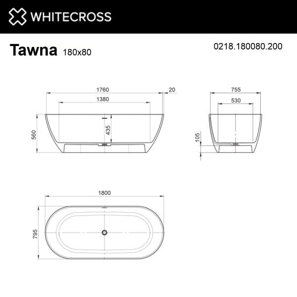Ванна из искусственного камня WHITECROSS Tawna 0218.180080.200 180x80 см белый матовый