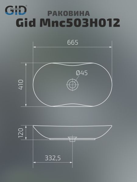 Раковина Gid Mnc503H012 54464 накладная под камень глянцевая 66.5x41x12