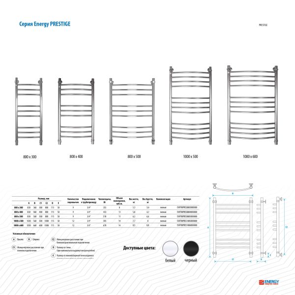 Полотенцесушитель водяной Energy PRESTIGE EWTR0PRES08050R905M 800 x 500 черный матовый