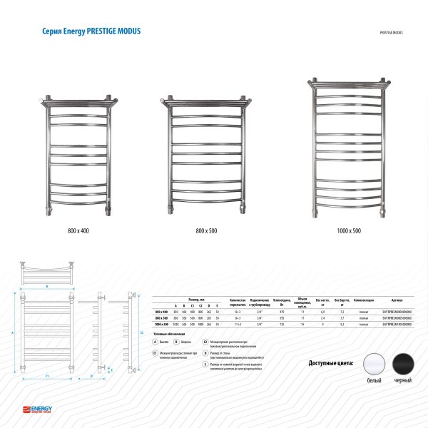 Полотенцесушитель водяной Energy Prestige Modus EWTRPRESM08050R903M 800 x 500 белый матовый
