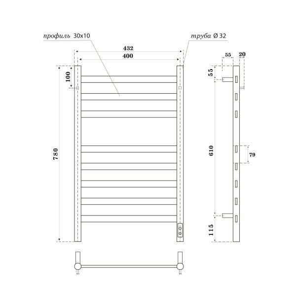 Полотенцесушитель электрический APEXTERMO Sfera SF10184GF 800x400 с крючками графит металлик