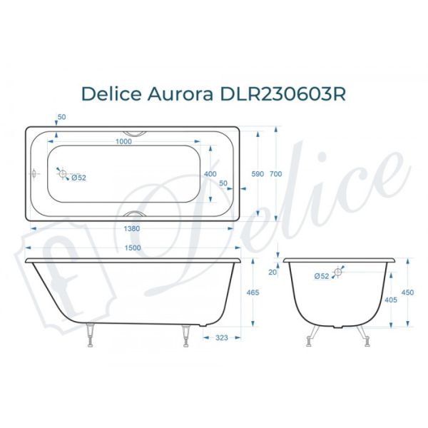Ванна чугунная Delice Aurora DLR230603R 150x70 с отверстиями под ручки Ванна чугунная Delice Aurora DLR230603R 150x70 с отверстиями под ручки