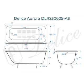 Ванна чугунная Delice Aurora DLR230605-AS 170x70 с антискользящим покрытием