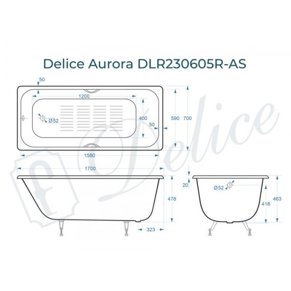Ванна чугунная Delice Aurora DLR230605R-AS 170x70 с отверстиями под ручки и антискользящим покрытием Ванна чугунная Delice Aurora DLR230605R-AS 170x70 с отверстиями под ручки и антискользящим покрытием