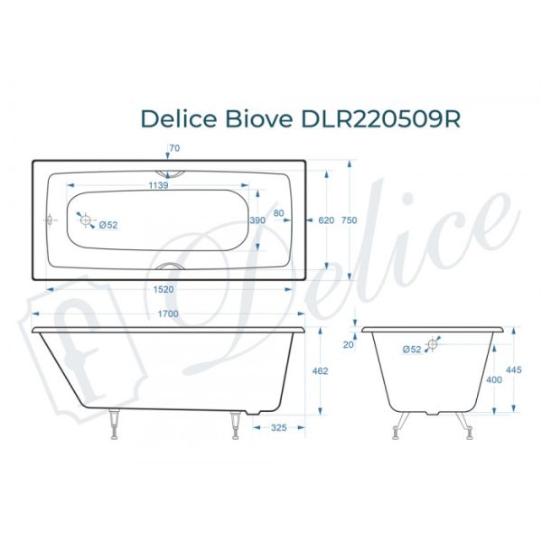 Ванна чугунная Delice Biove DLR_220509R 170x75 с ручками Ванна чугунная Delice Biove DLR_220509R 170x75 с ручками