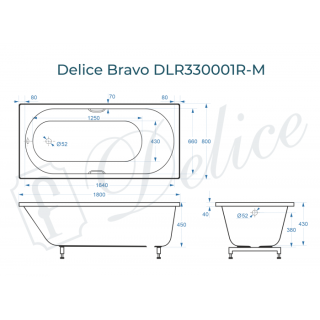 Ванна из литьевого мрамора Delice Bravo DLR330001R-M 180x80 матовая с ручками хром